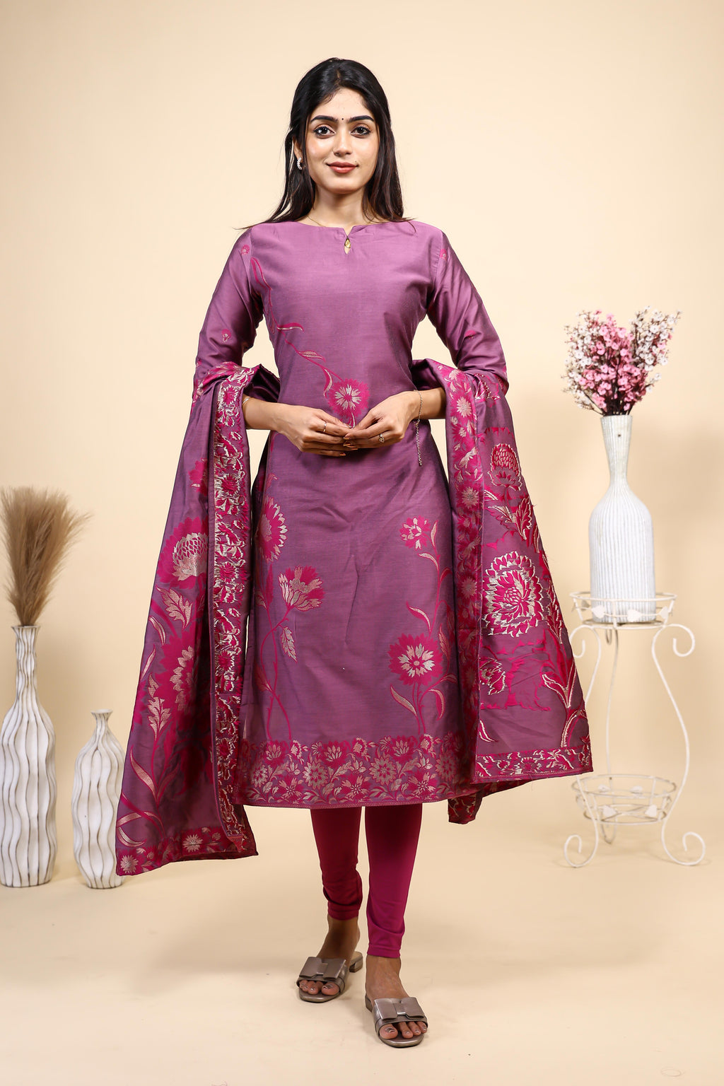 Elegant Mauve / Purple Floral Woven Kurta Set with Jacquard Dupatta