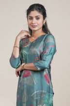 Teal Green Abstract Print Silk Straight Kurta with Matching Pants