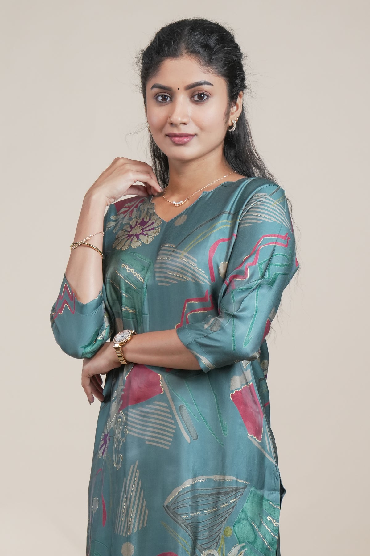 Teal Green Abstract Print Silk Straight Kurta with Matching Pants