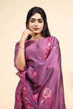 Elegant Mauve / Purple Floral Woven Kurta Set with Jacquard Dupatta