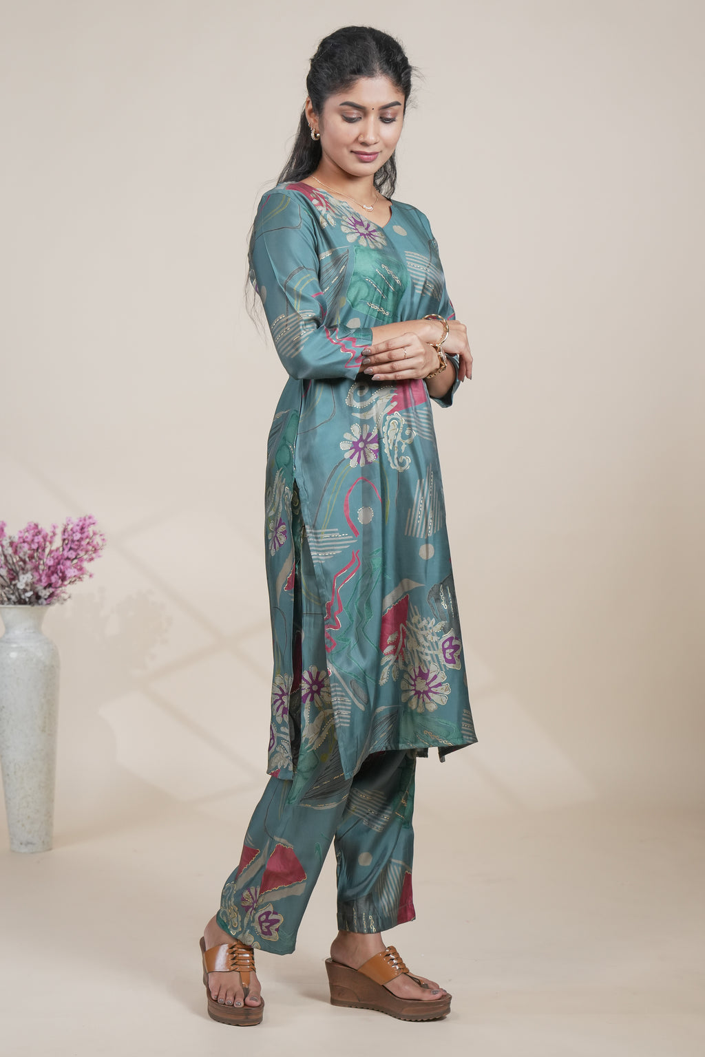Teal Green Abstract Print Silk Straight Kurta with Matching Pants
