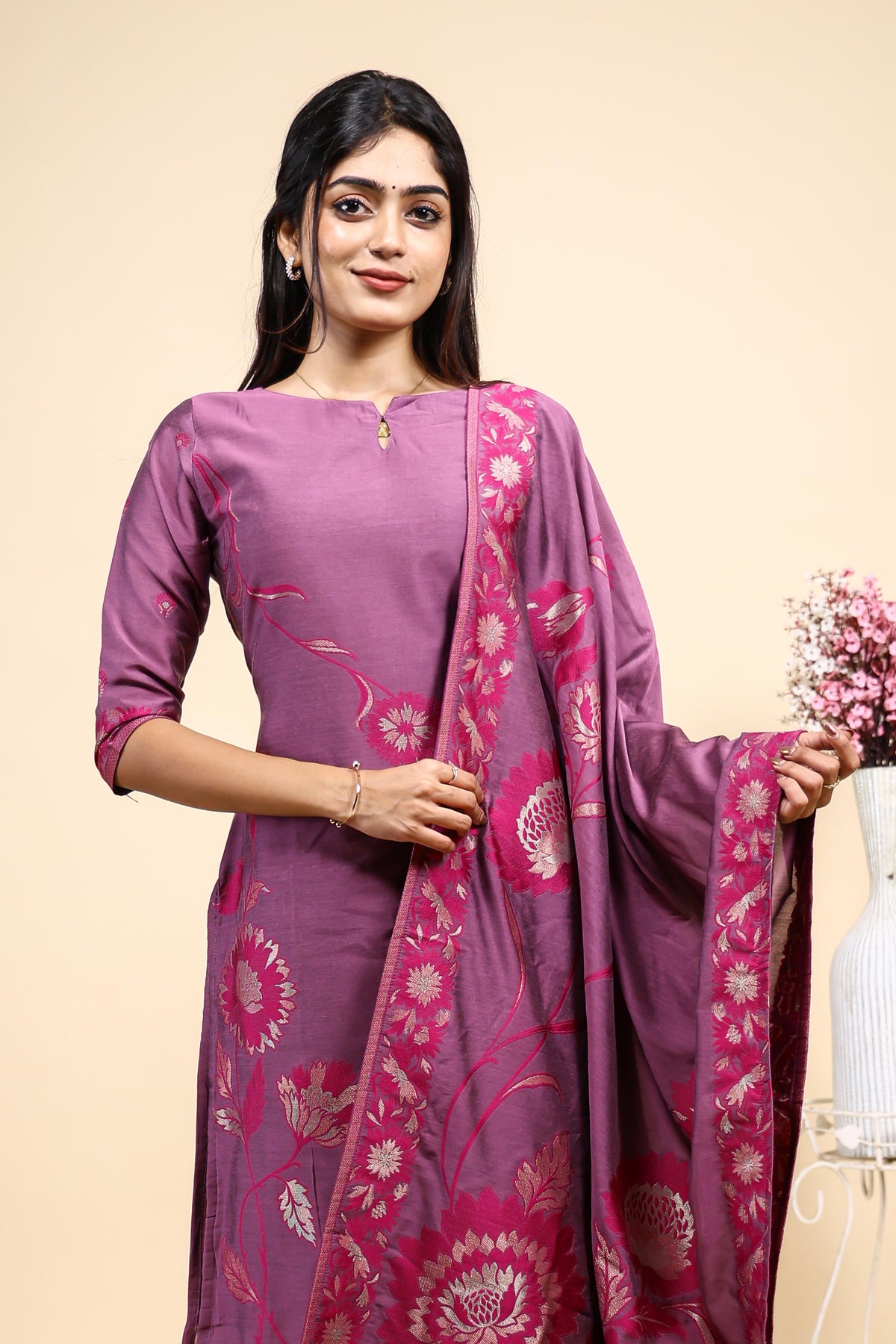Elegant Mauve / Purple Floral Woven Kurta Set with Jacquard Dupatta