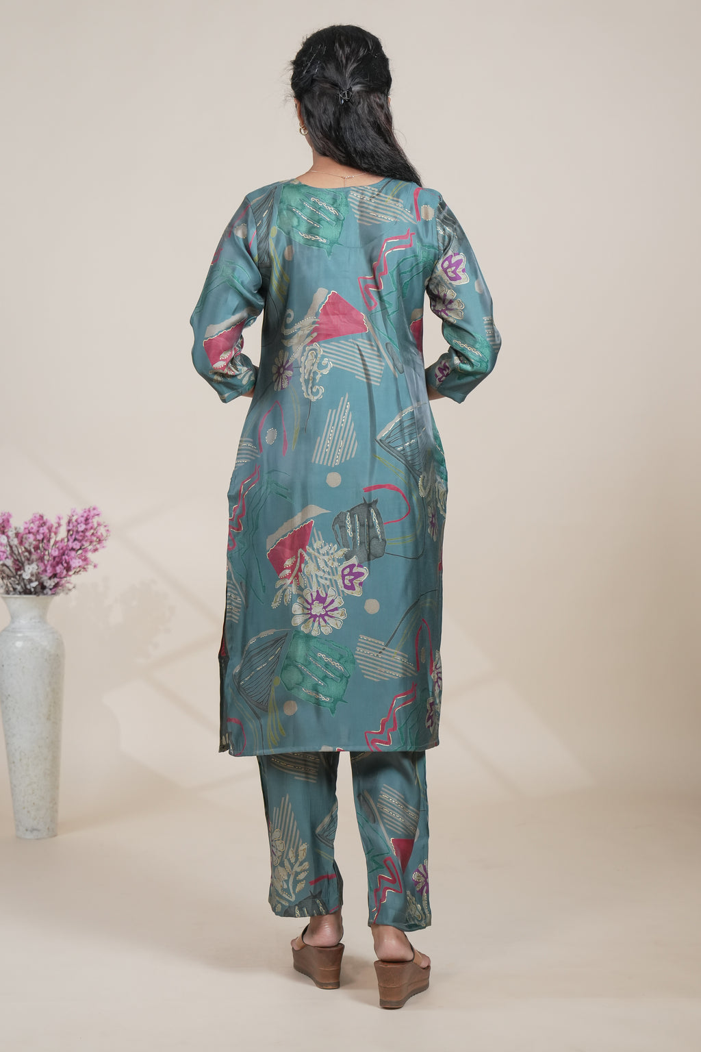 Teal Green Abstract Print Silk Straight Kurta with Matching Pants