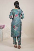 Teal Green Abstract Print Silk Straight Kurta with Matching Pants