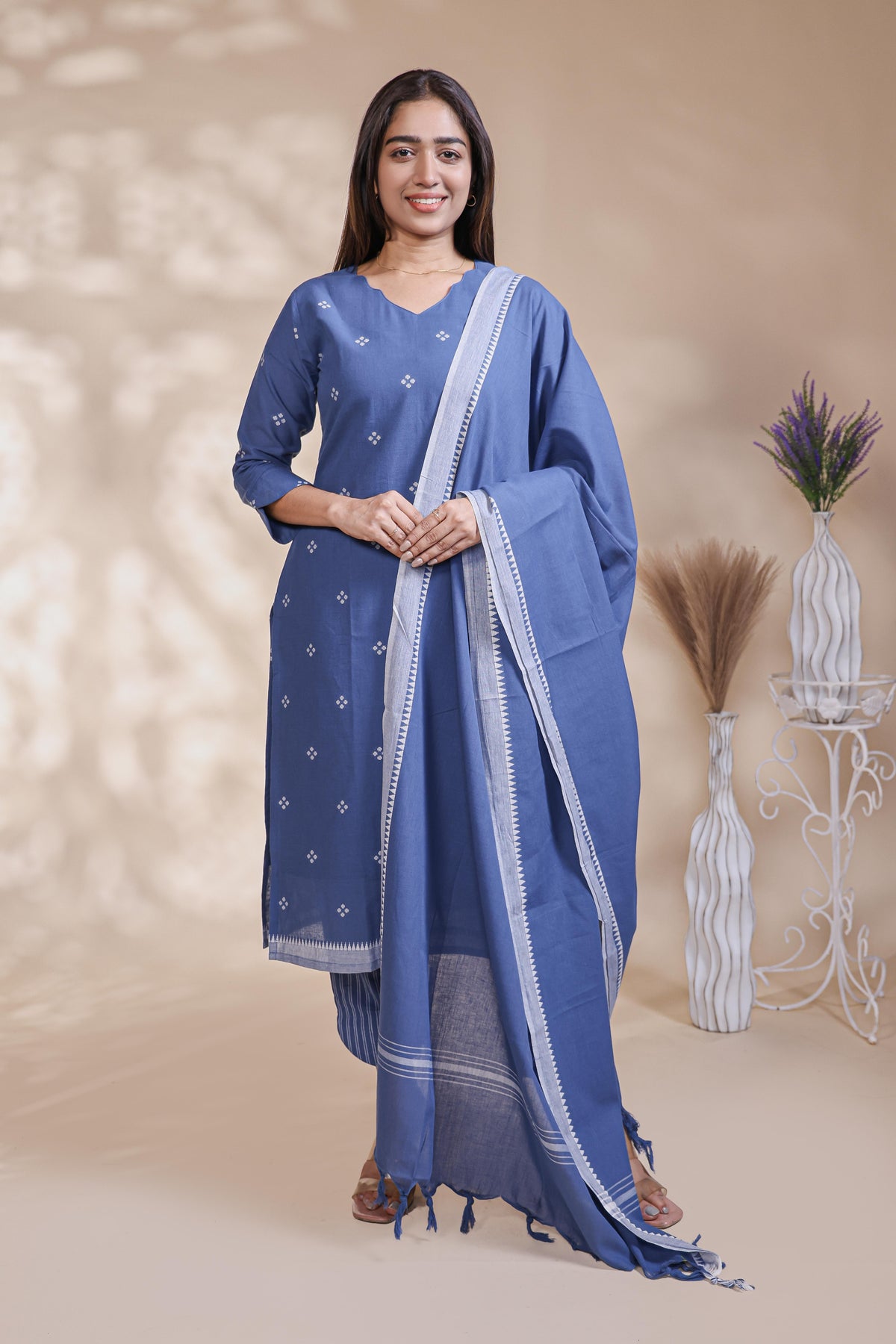 Steel Blue Embroidered Cotton Kurta Set with Dupatta