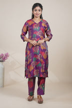 Purple Floral Printed Straight Kurta with Matching Pants