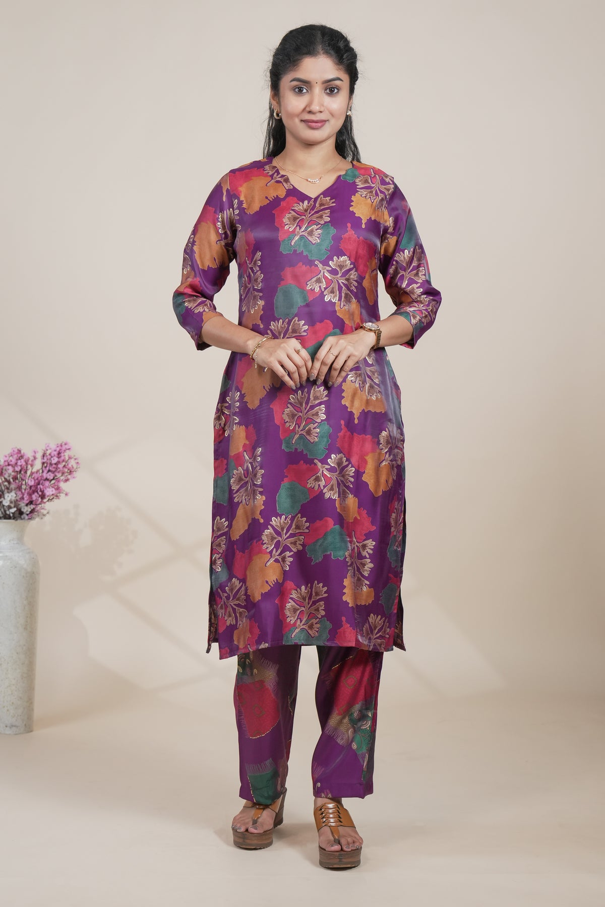 Purple Floral Printed Straight Kurta with Matching Pants