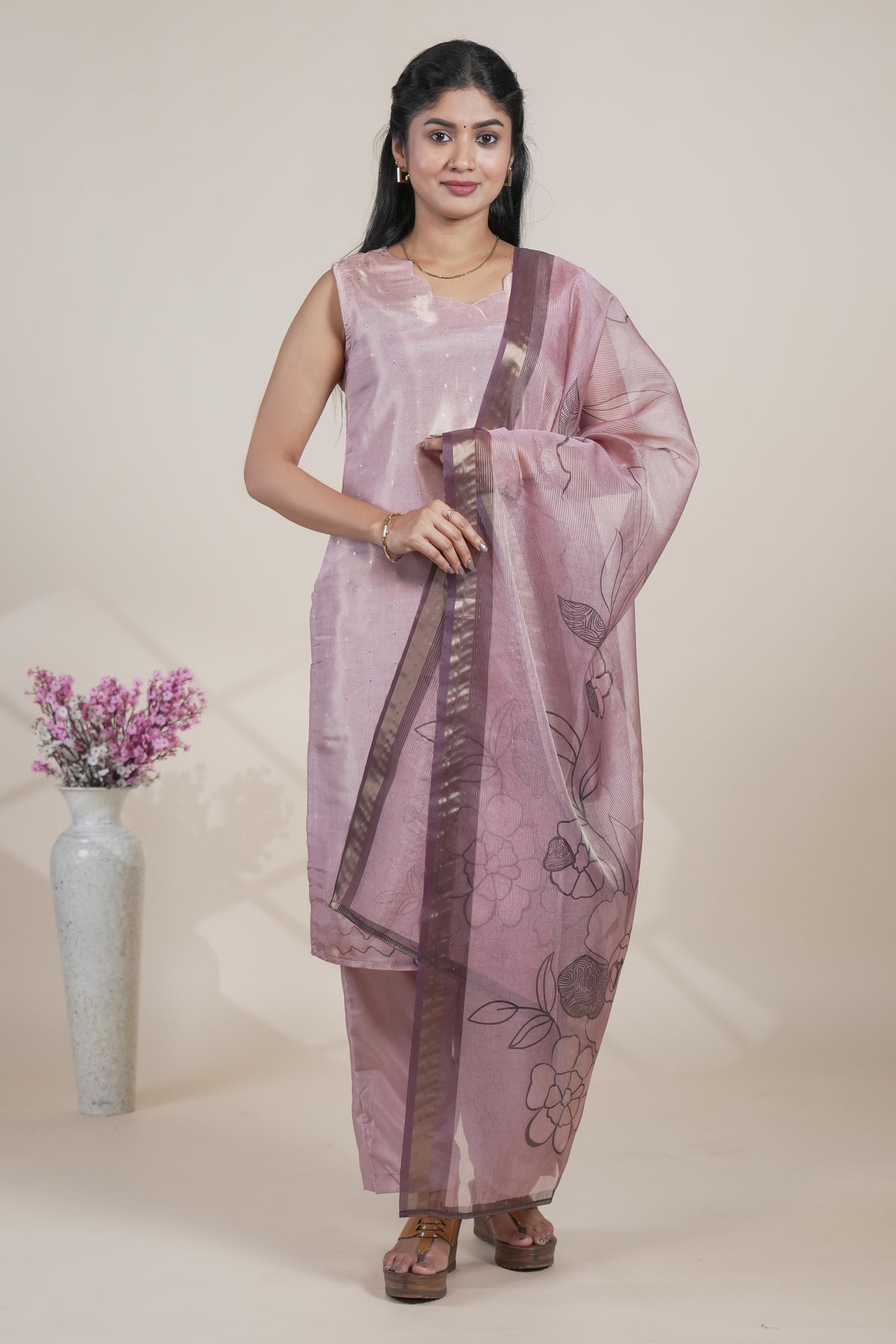Elegant Mauve Pink Kurta Set with Floral Organza Dupatta