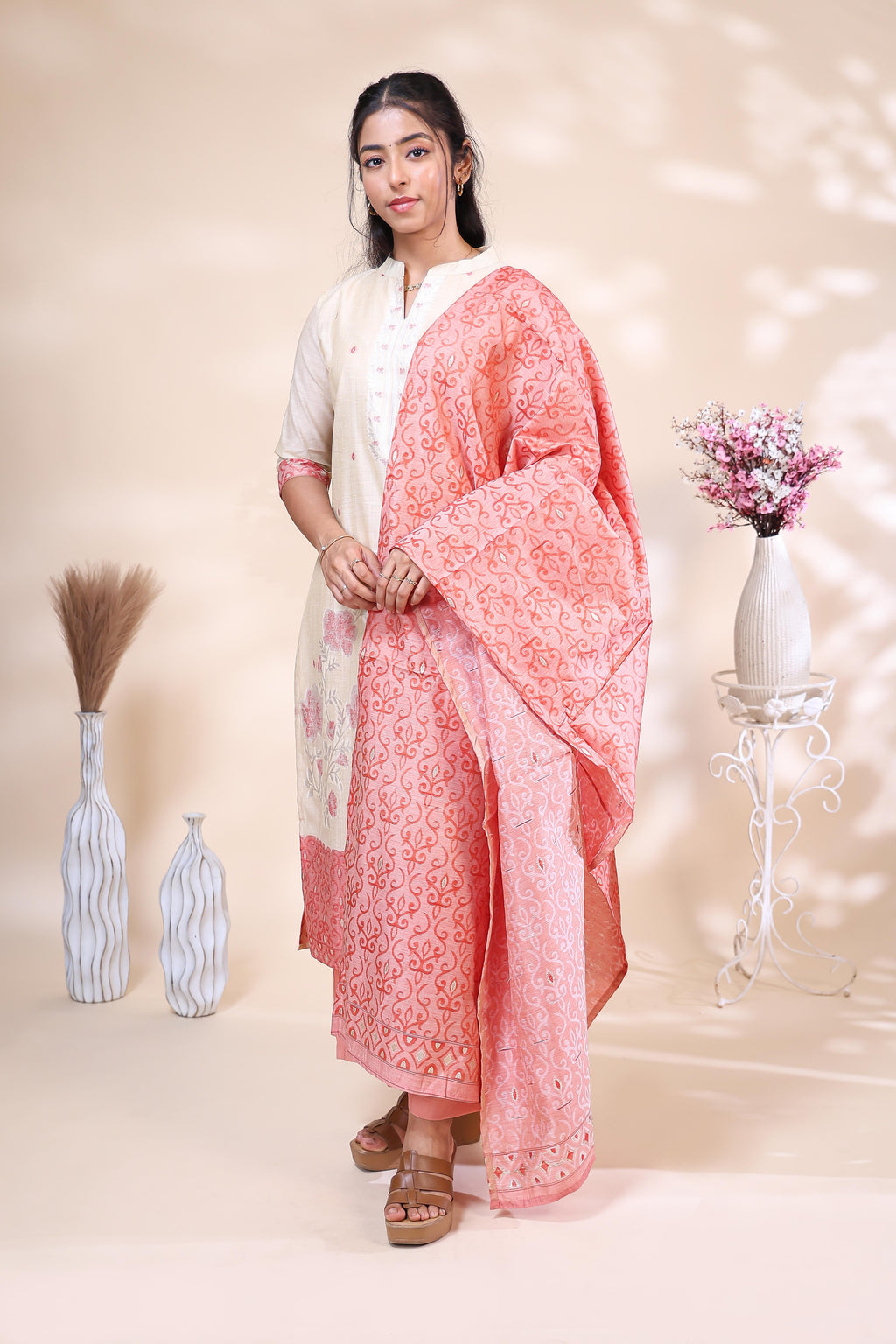 Elegant Off-White & Coral Pink Floral Embroidered Kurta Set with Printed Dupatta