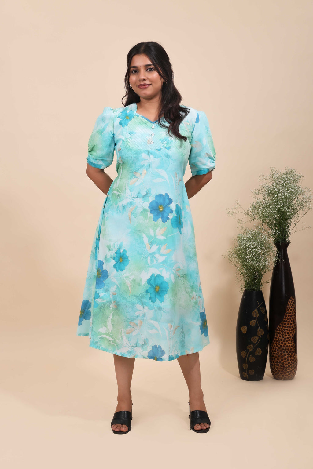 Women's Aqua Blue Floral Print A-Line Midi Dress with Puff Sleeves