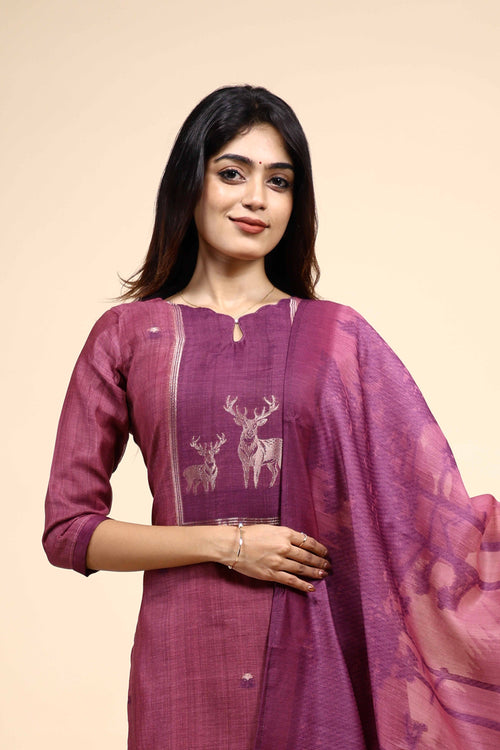 Elegant Plum Mauve Set with Animal Motif Embroidery & Matching Dupatta