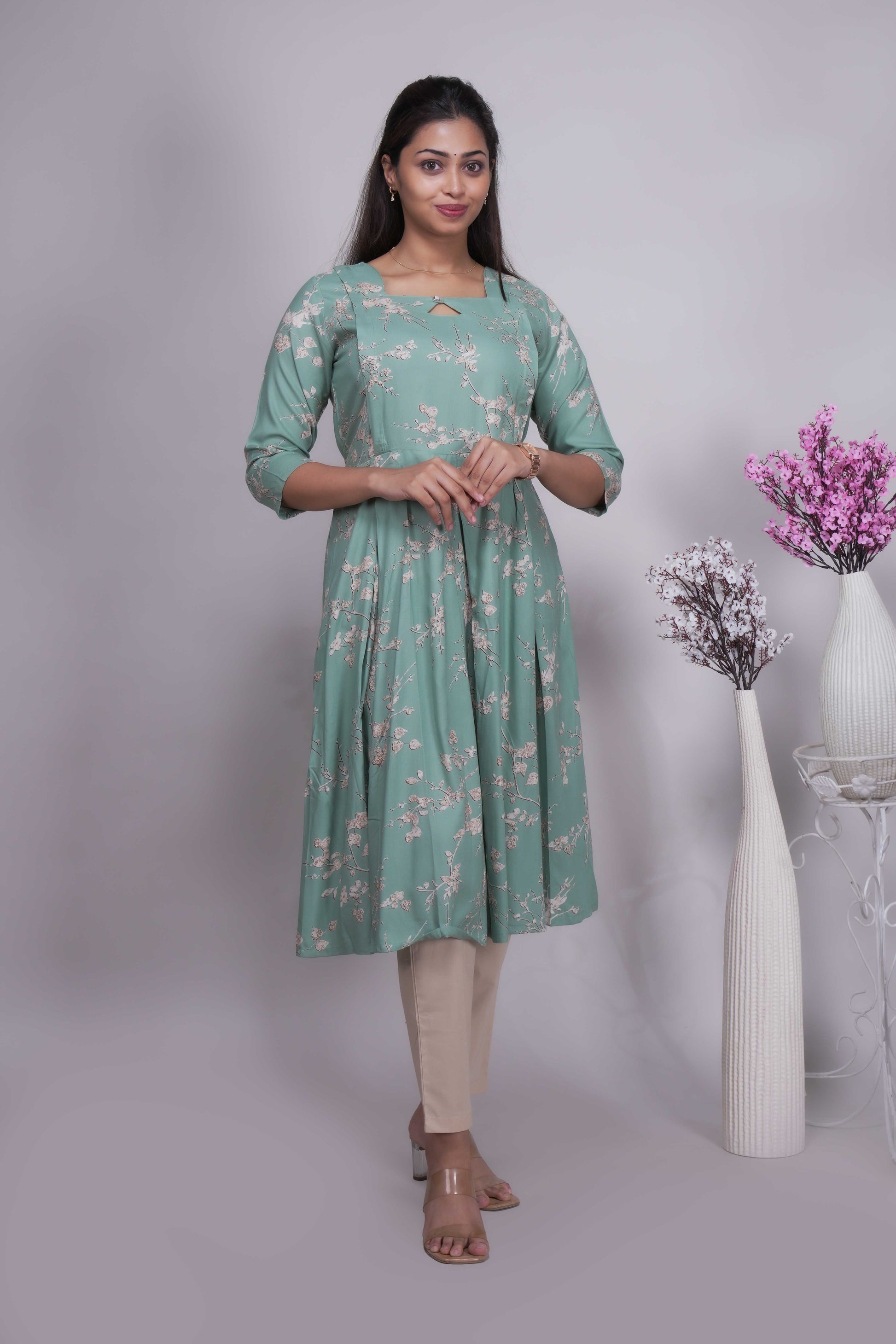 Women's Mint Green Floral Print A-Line Kurtis