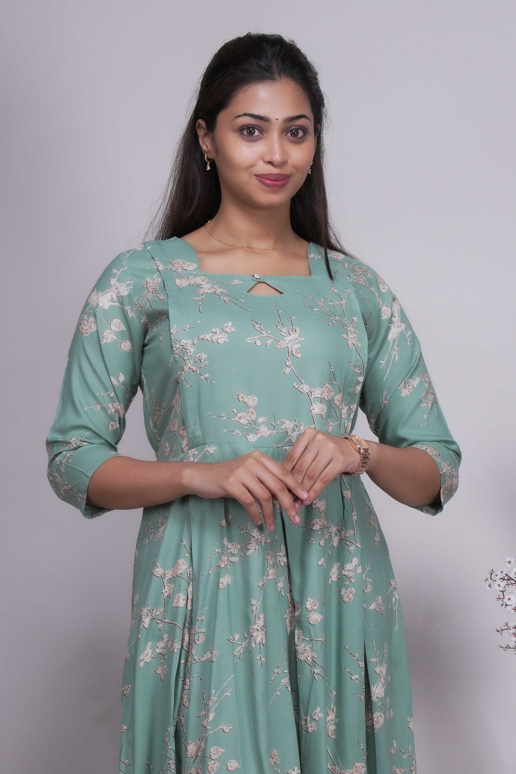 Women's Mint Green Floral Print A-Line Kurtis