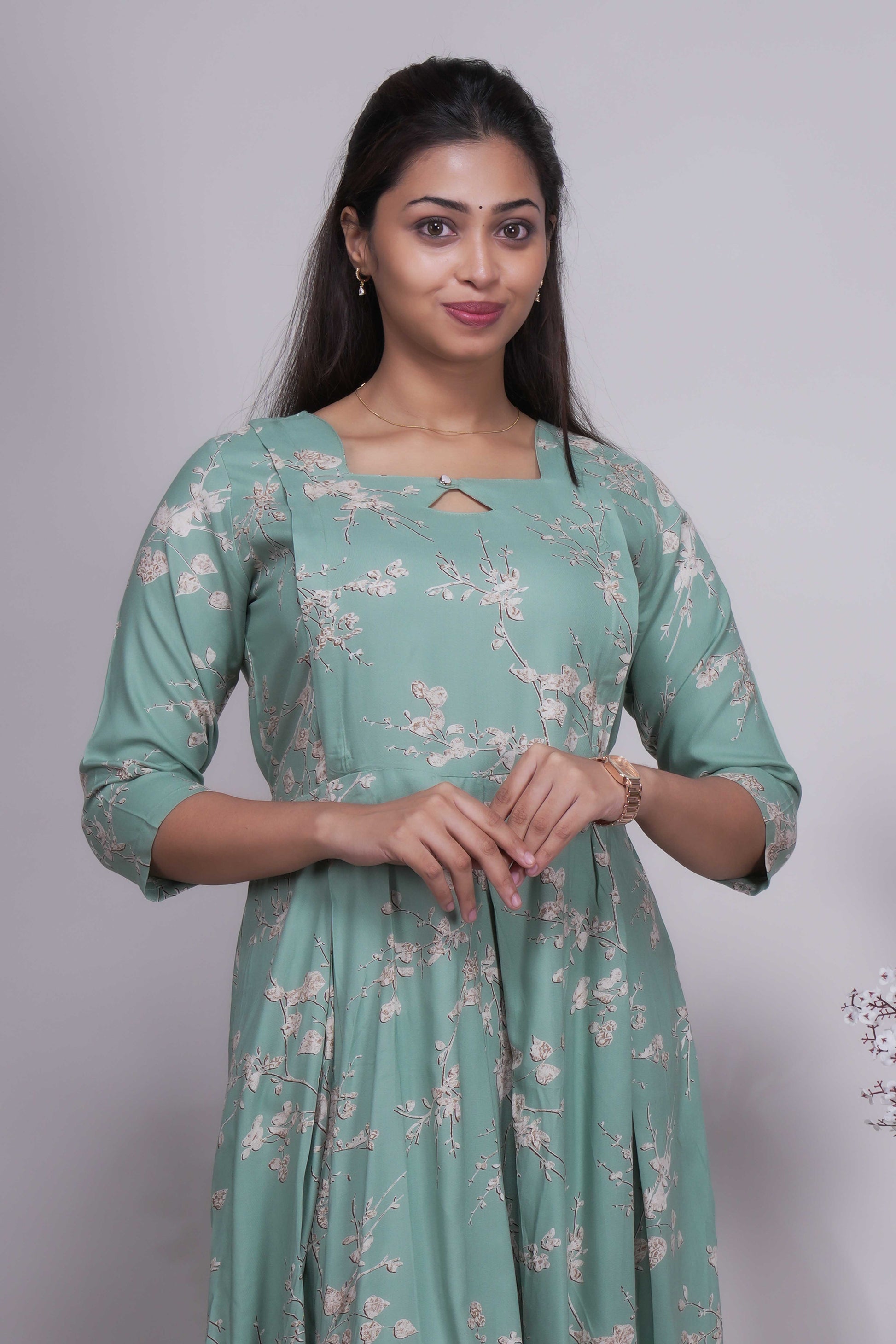 Women's Mint Green Floral Print A-Line Kurtis