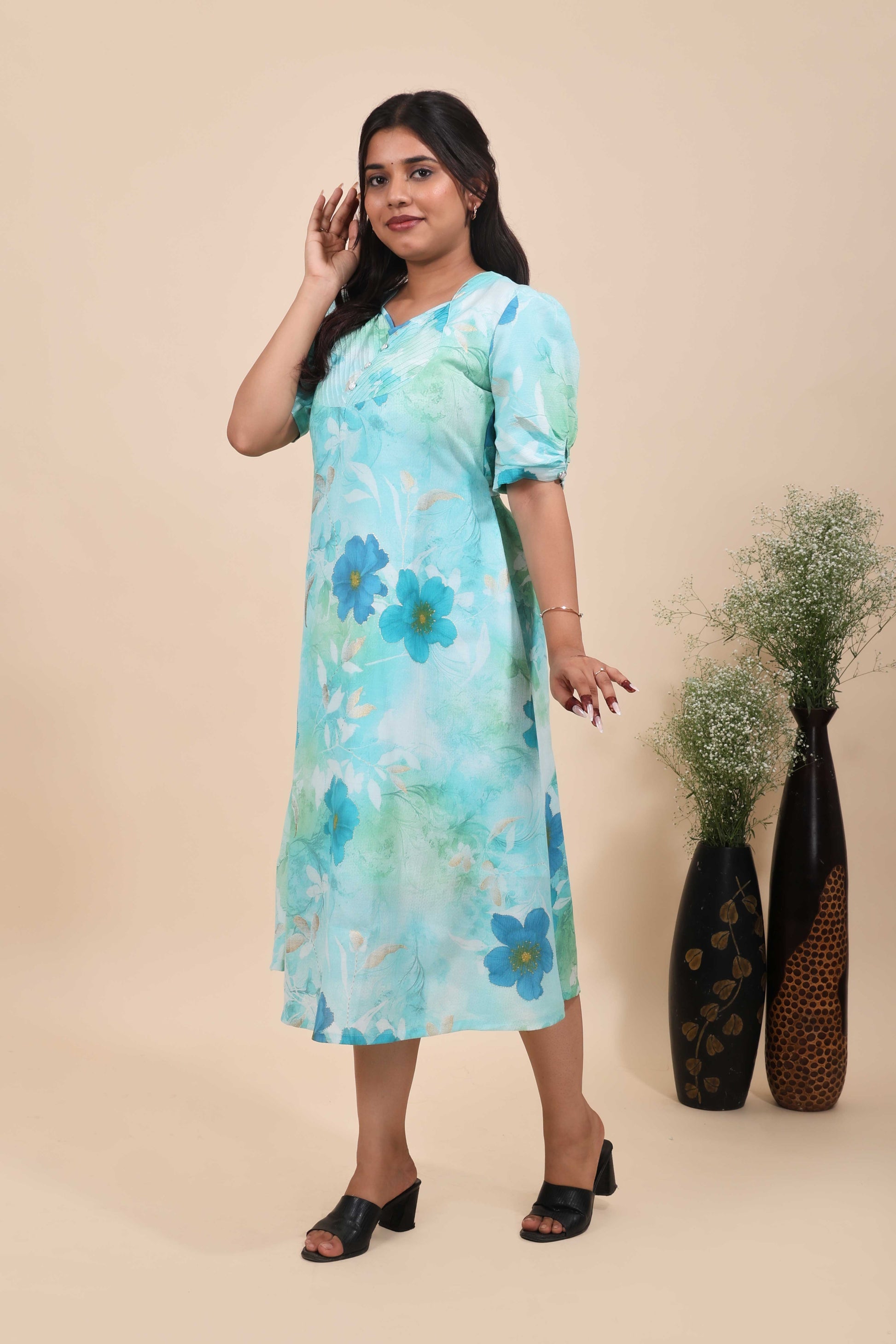 Women's Aqua Blue Floral Print A-Line Midi Dress with Puff Sleeves