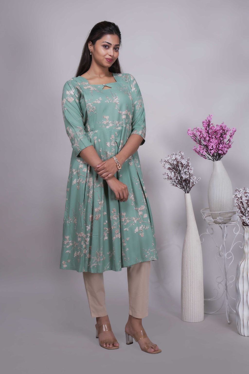 Women's Mint Green Floral Print A-Line Kurtis