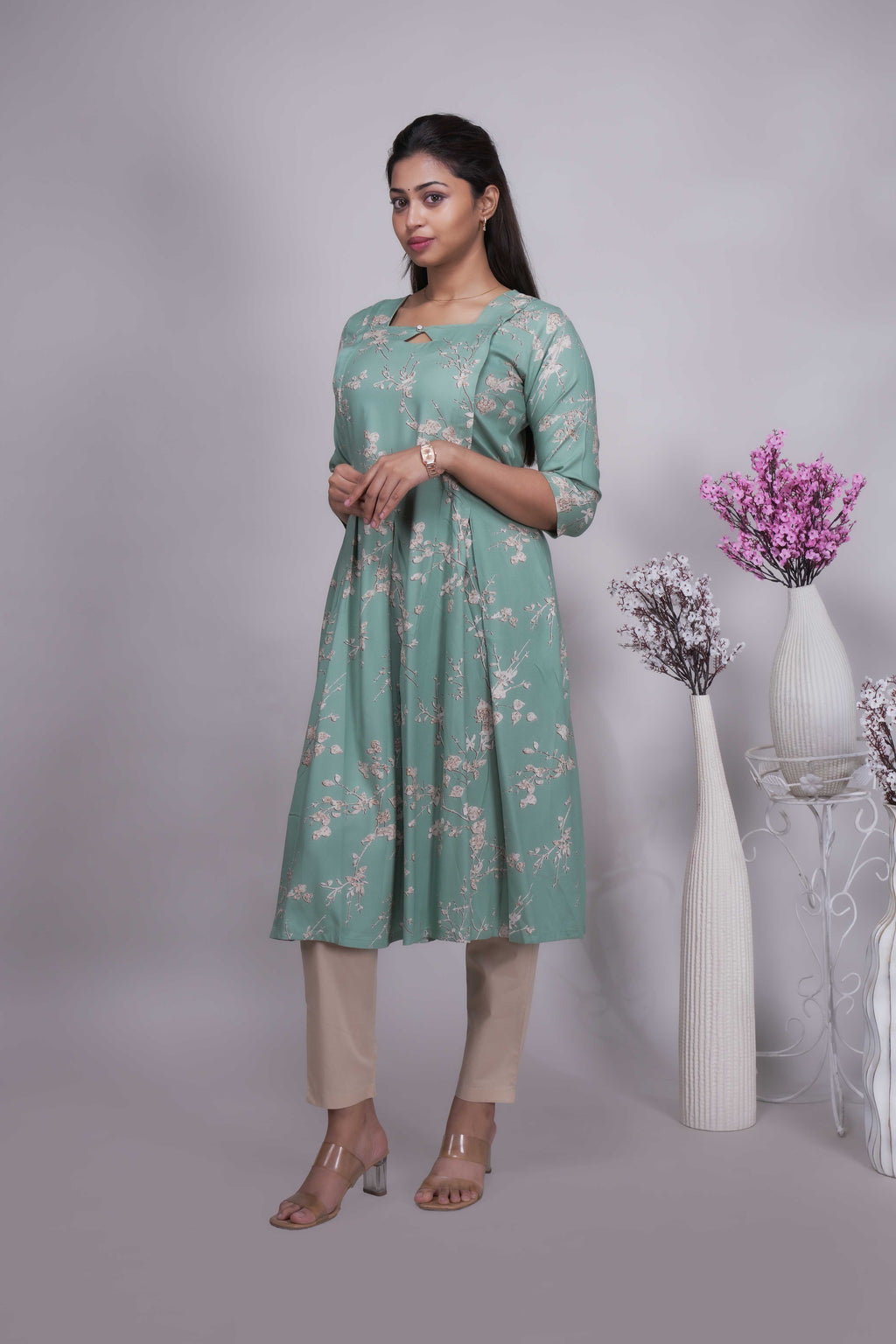 Women's Mint Green Floral Print A-Line Kurtis