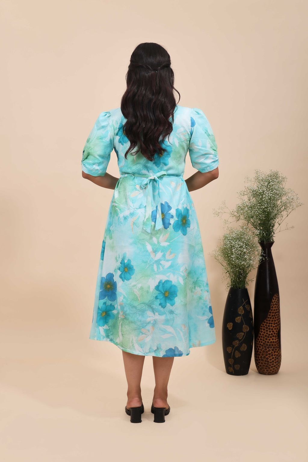 Women's Aqua Blue Floral Print A-Line Midi Dress with Puff Sleeves