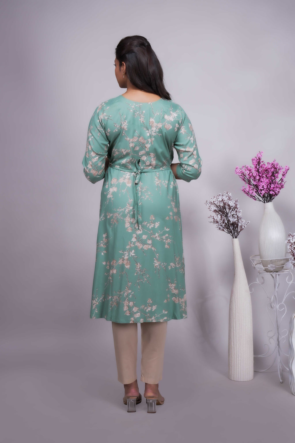 Women's Mint Green Floral Print A-Line Kurtis