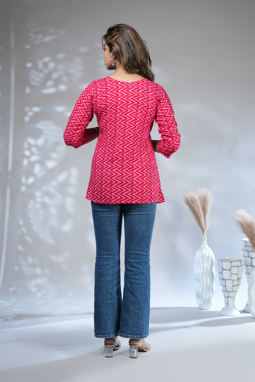 Women's Pink & White Geometric Print A-Line Short Kurti