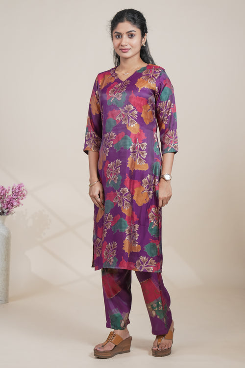 Purple Floral Printed Straight Kurta with Matching Pants