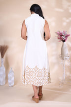 Off-White Sleeveless Dress with Geometric Printed Hem