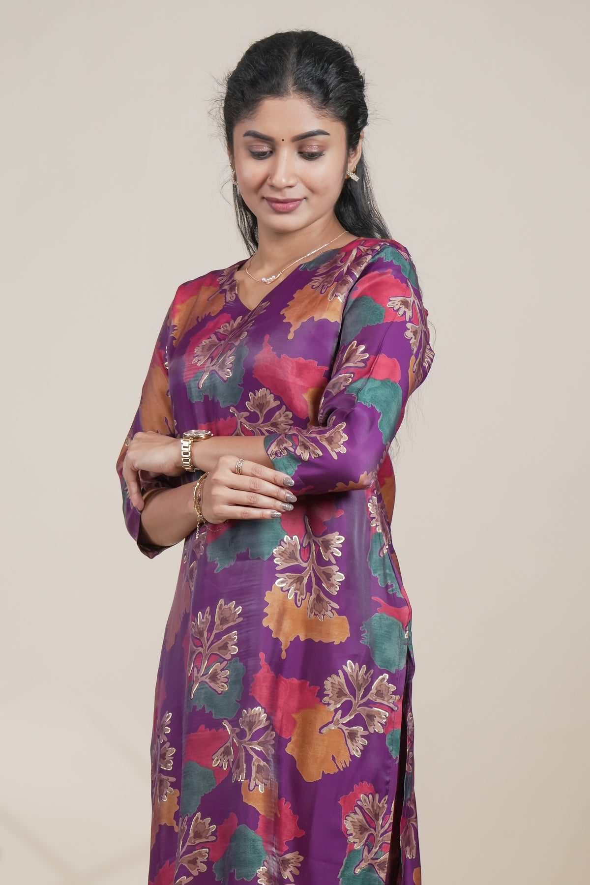Purple Floral Printed Straight Kurta with Matching Pants