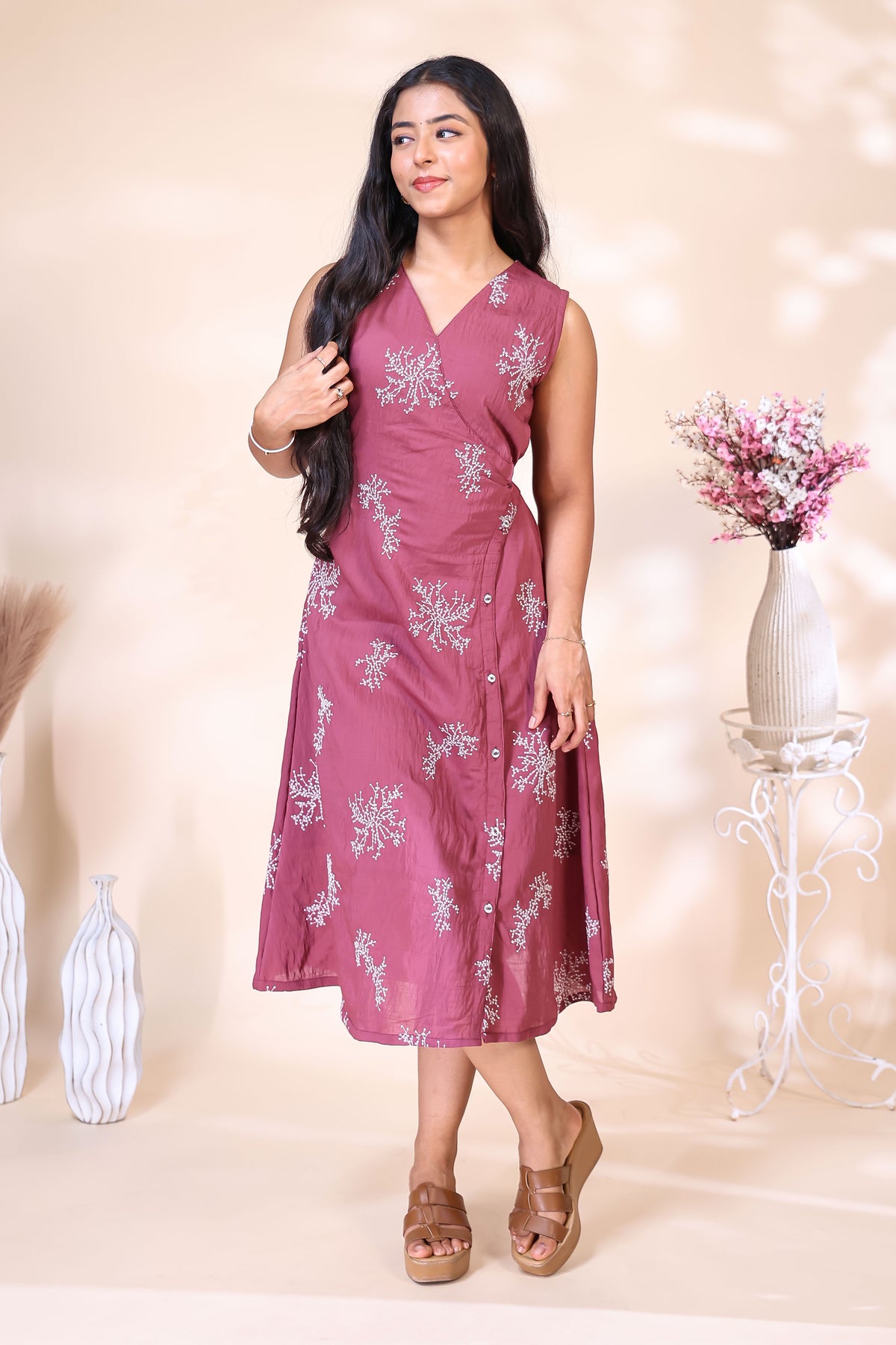 Mauve Embroidered Westen wrap Style dress
