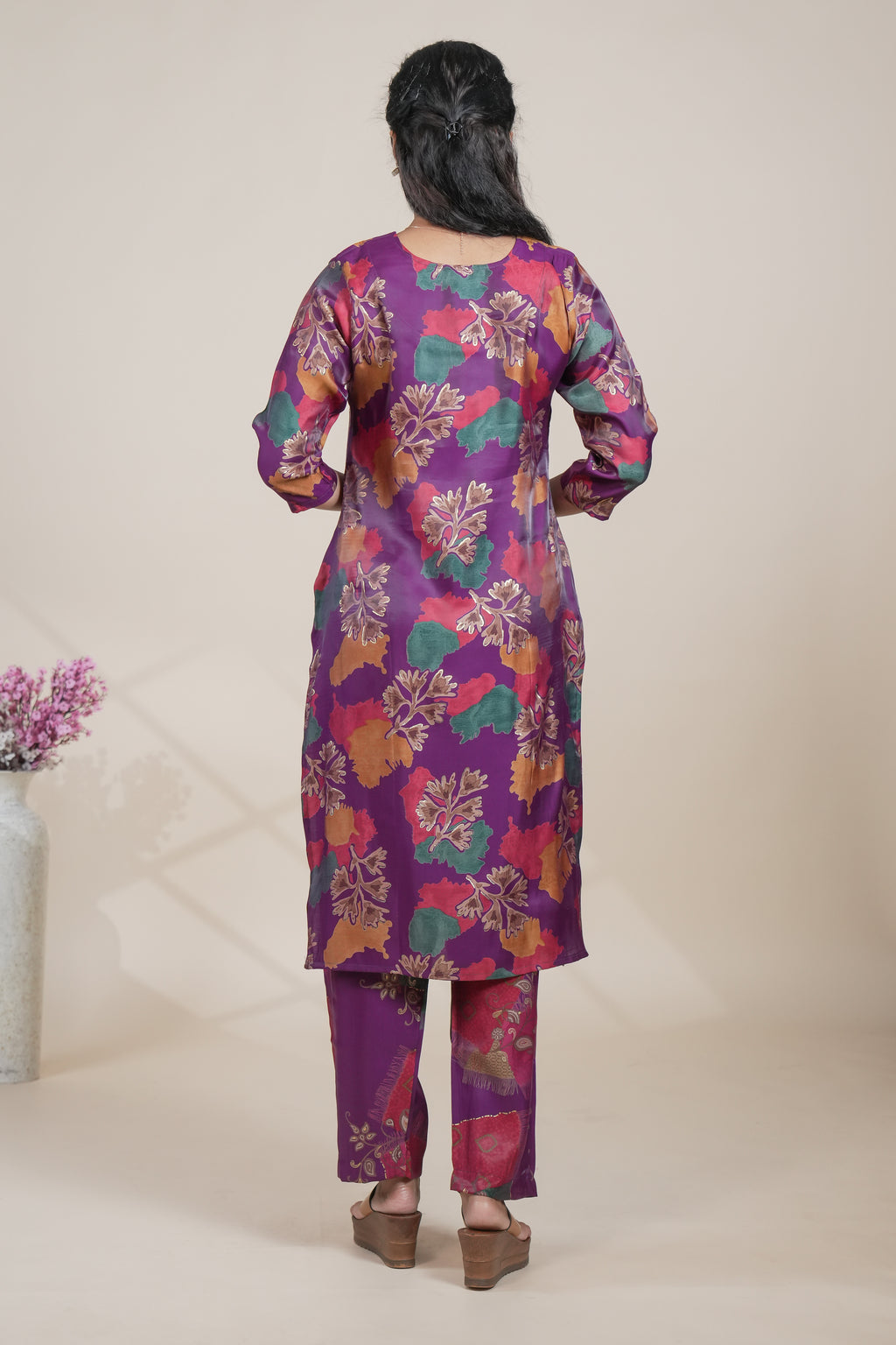 Purple Floral Printed Straight Kurta with Matching Pants