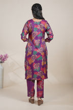 Purple Floral Printed Straight Kurta with Matching Pants