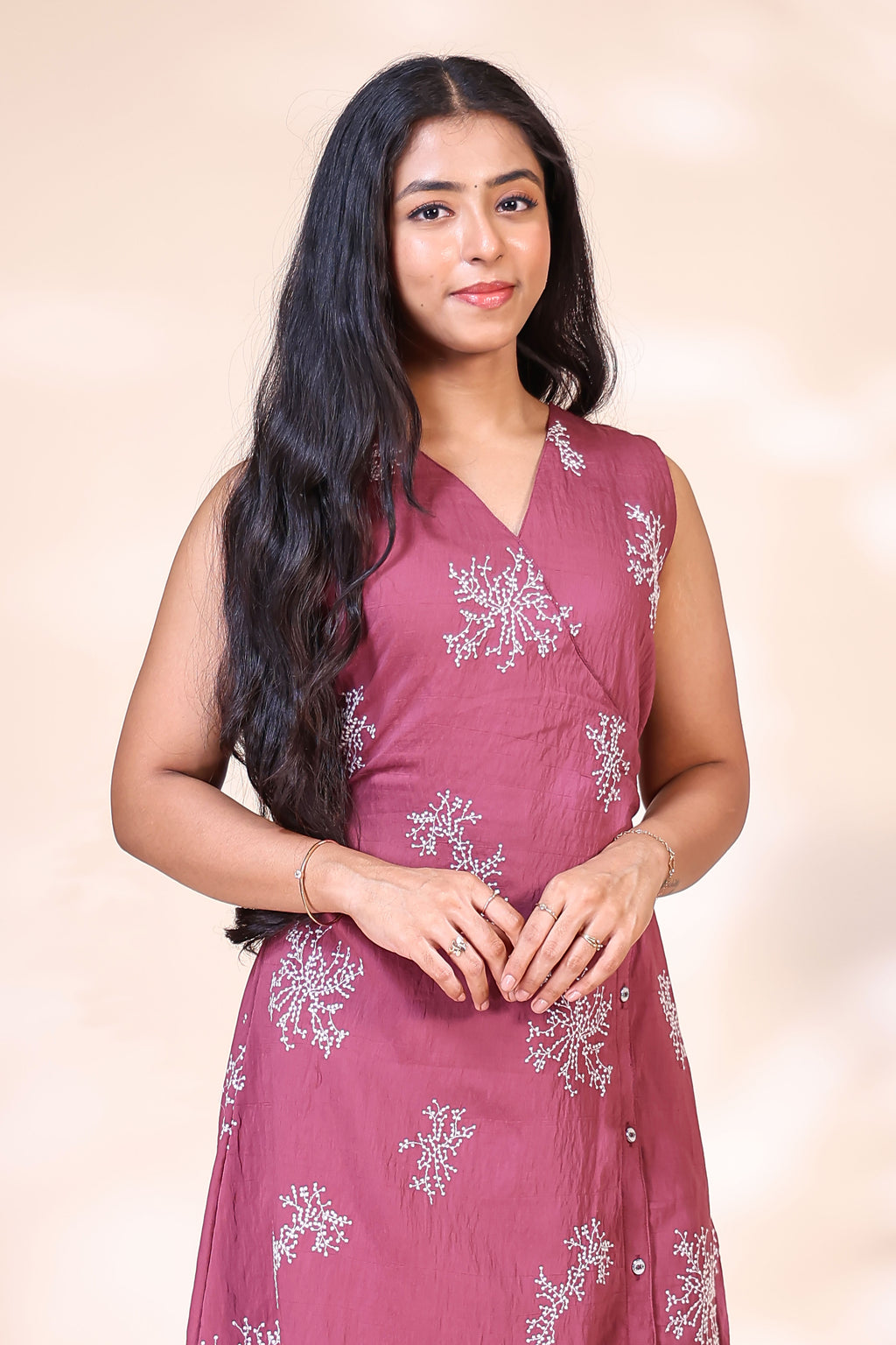 Mauve Embroidered Westen wrap Style dress