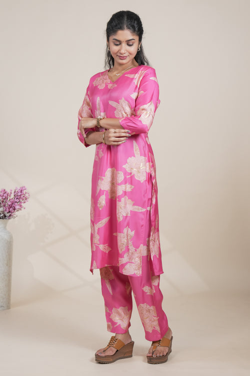 Vibrant Pink Floral Print Straight Kurta with Matching Pants Set