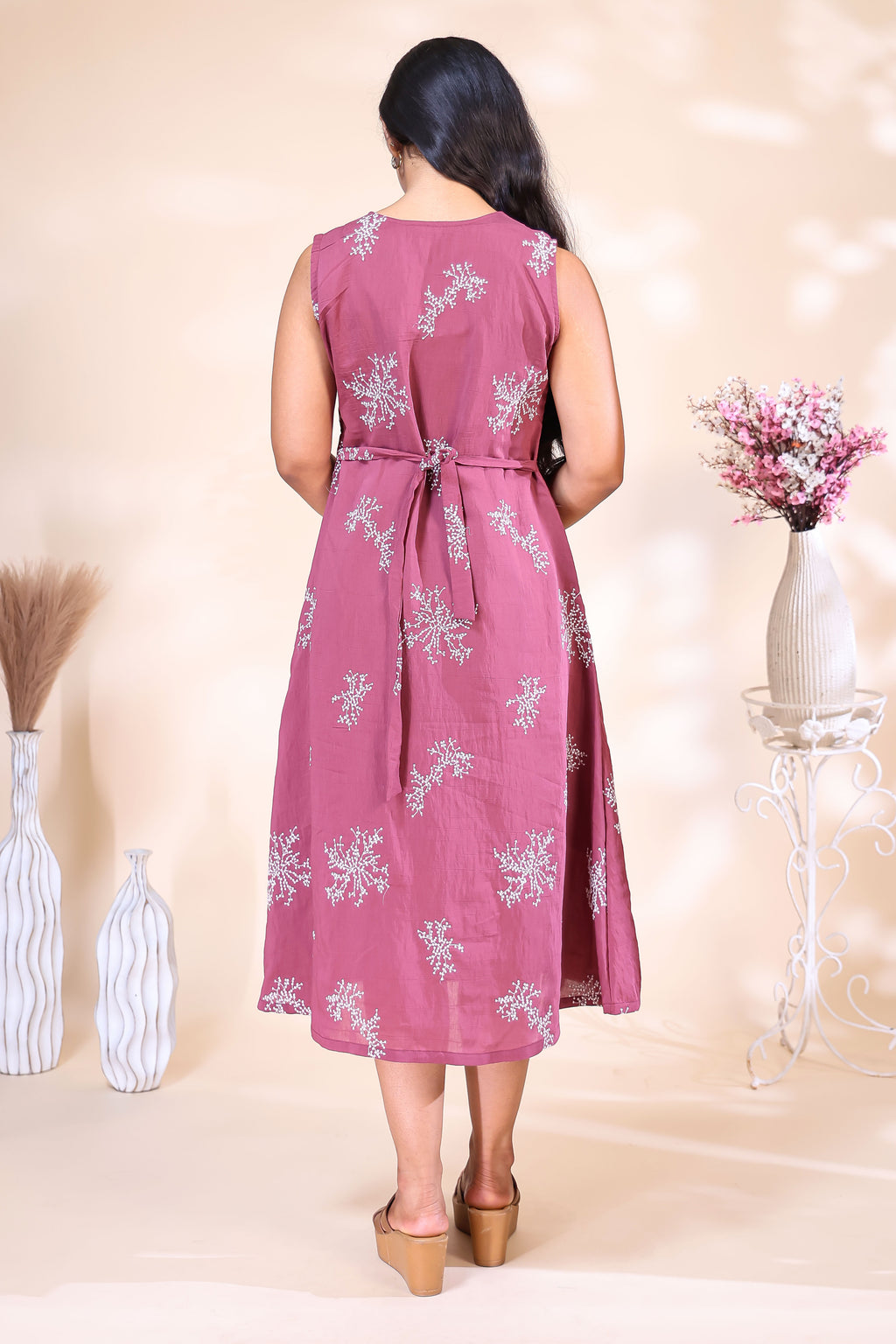 Mauve Embroidered Westen wrap Style dress