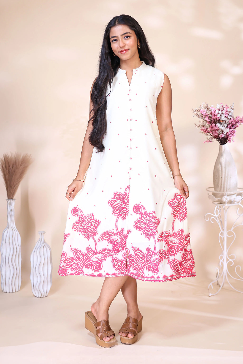Off-White & Pink Floral Embroidered Dress