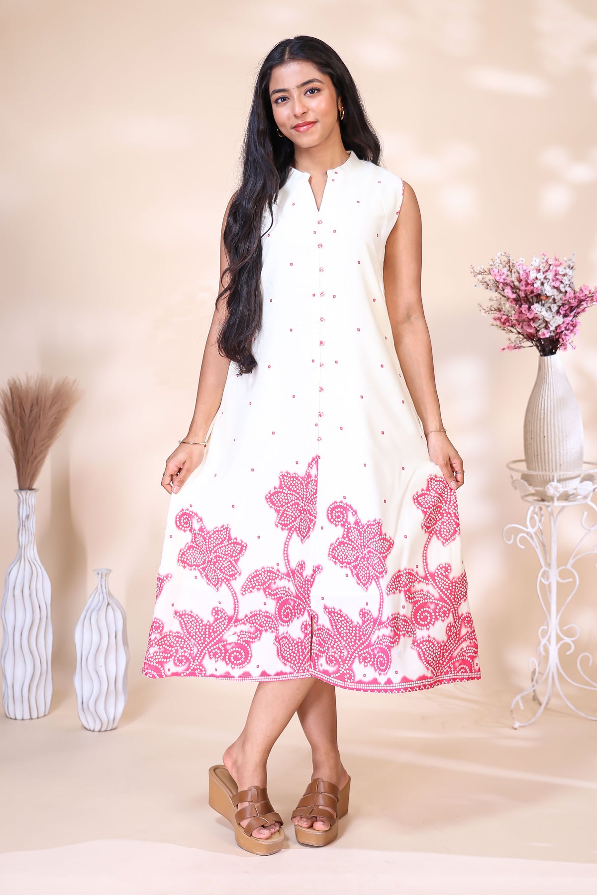 Off-White & Pink Floral Embroidered Dress