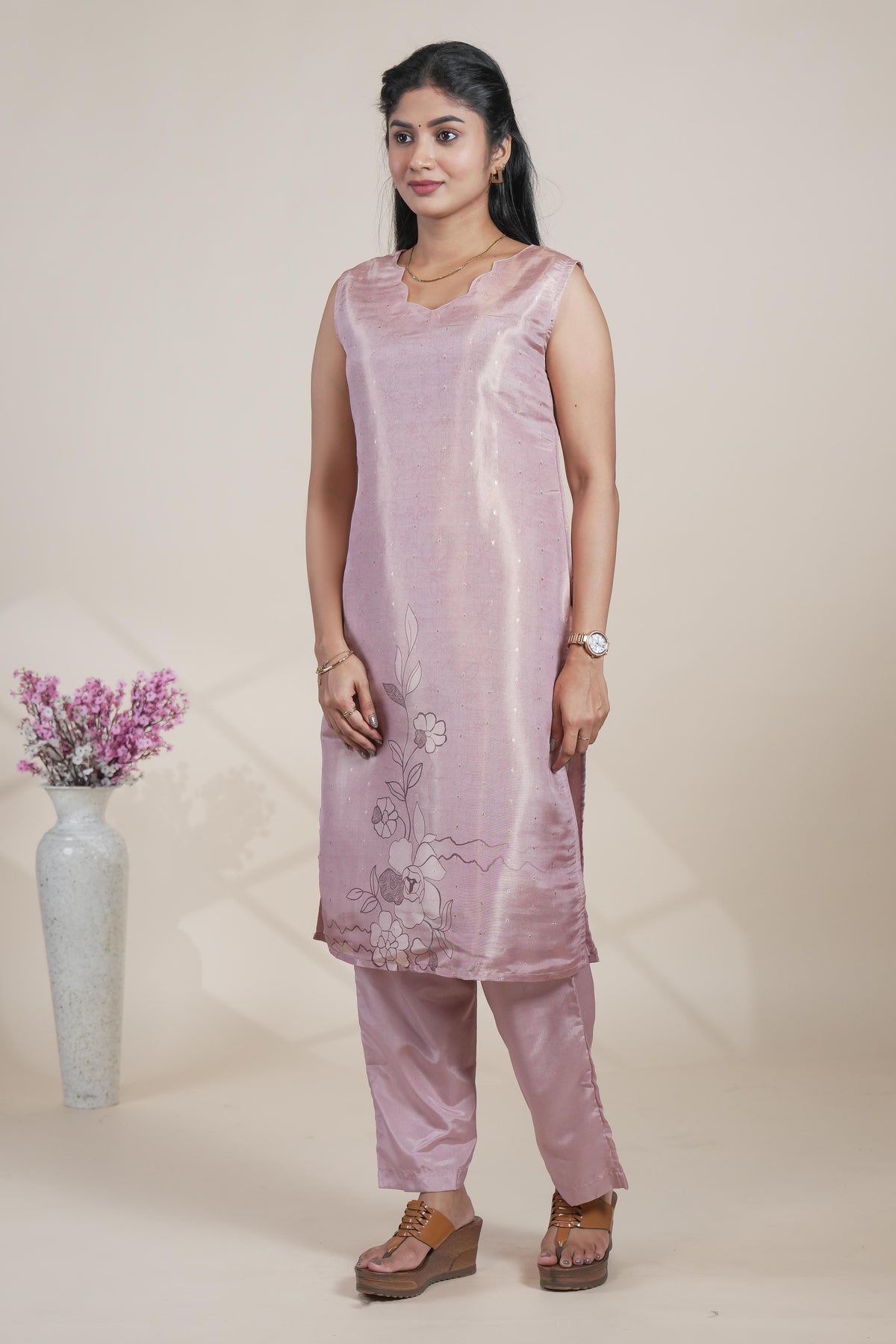 Elegant Mauve Pink Kurta Set with Floral Organza Dupatta