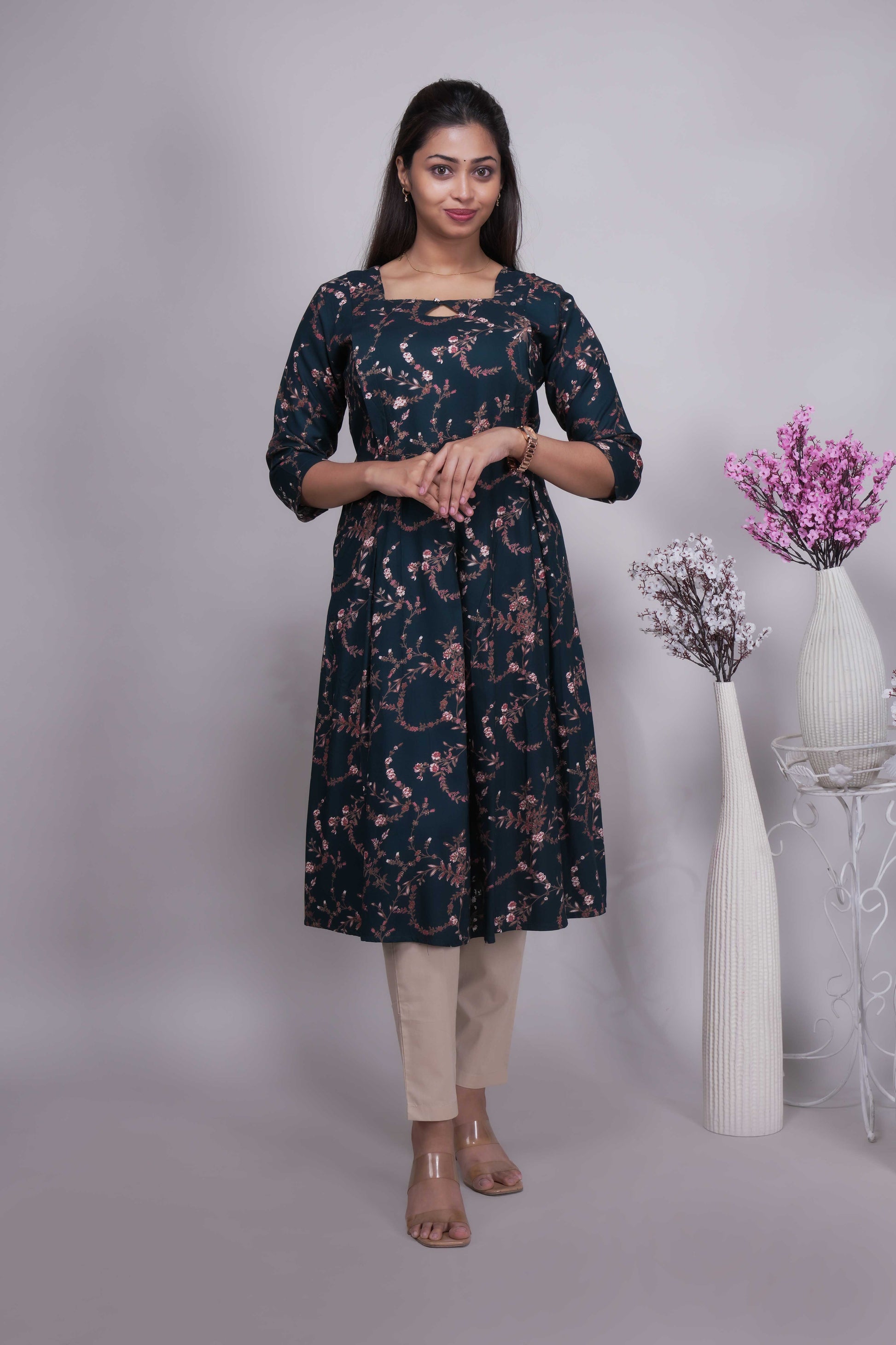 Elegant Deep Teal & Rose Gold Floral A-Line Kurti