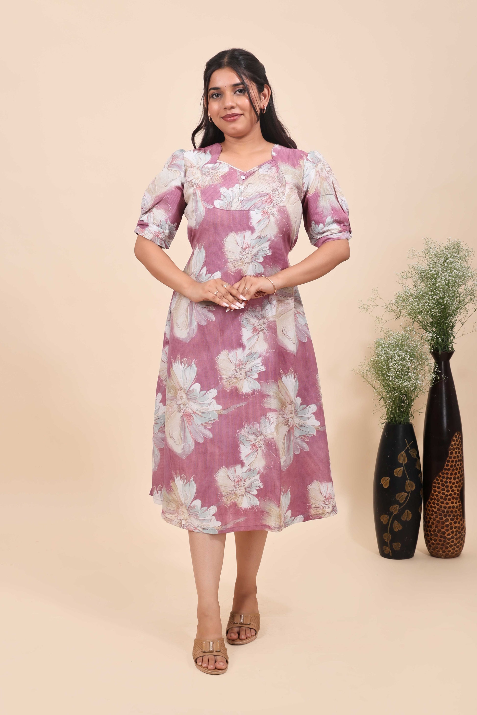 Women's Mauve Floral Print A-Line Midi Dress with Puff Sleeves