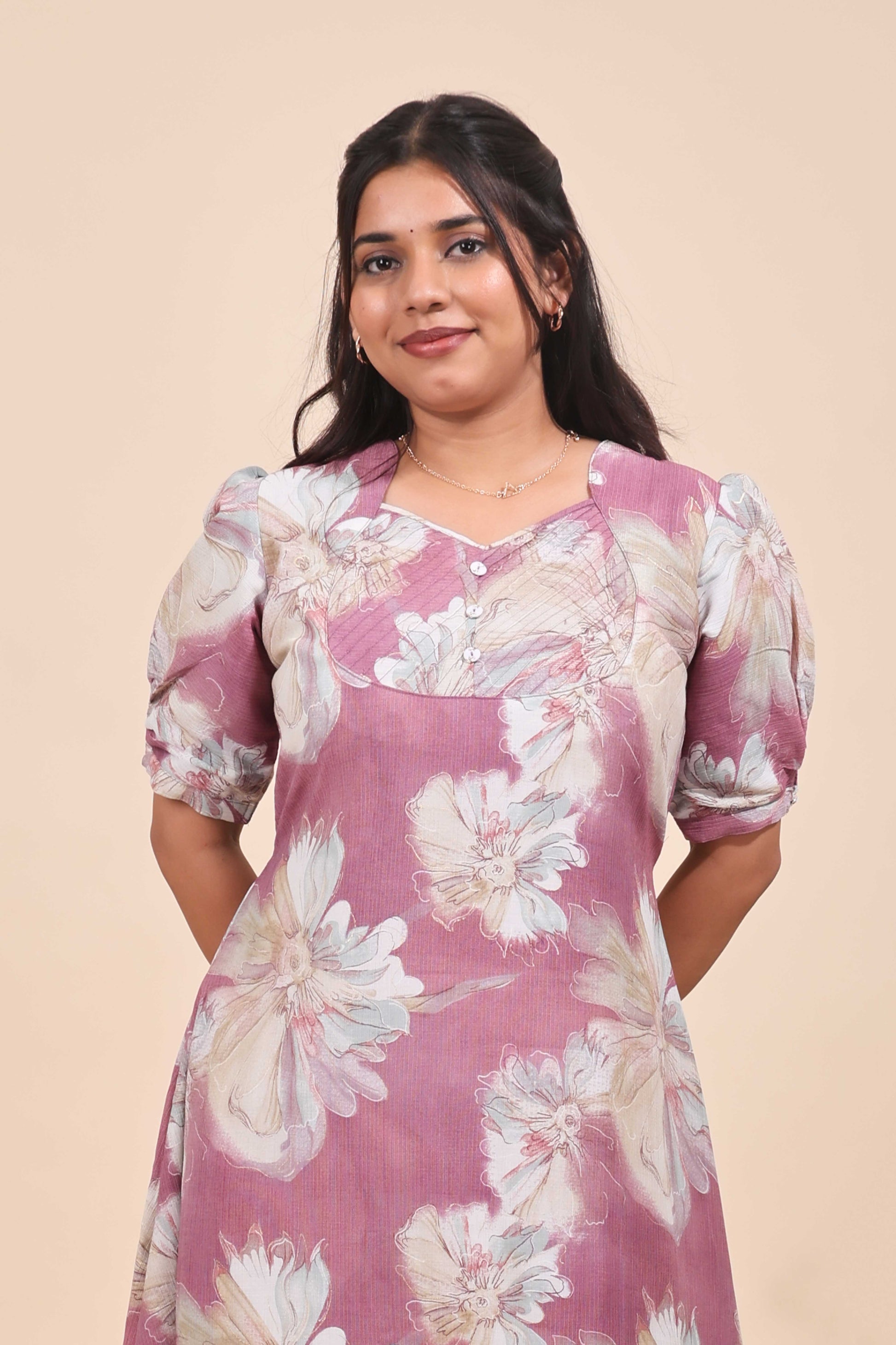 Women's Mauve Floral Print A-Line Midi Dress with Puff Sleeves