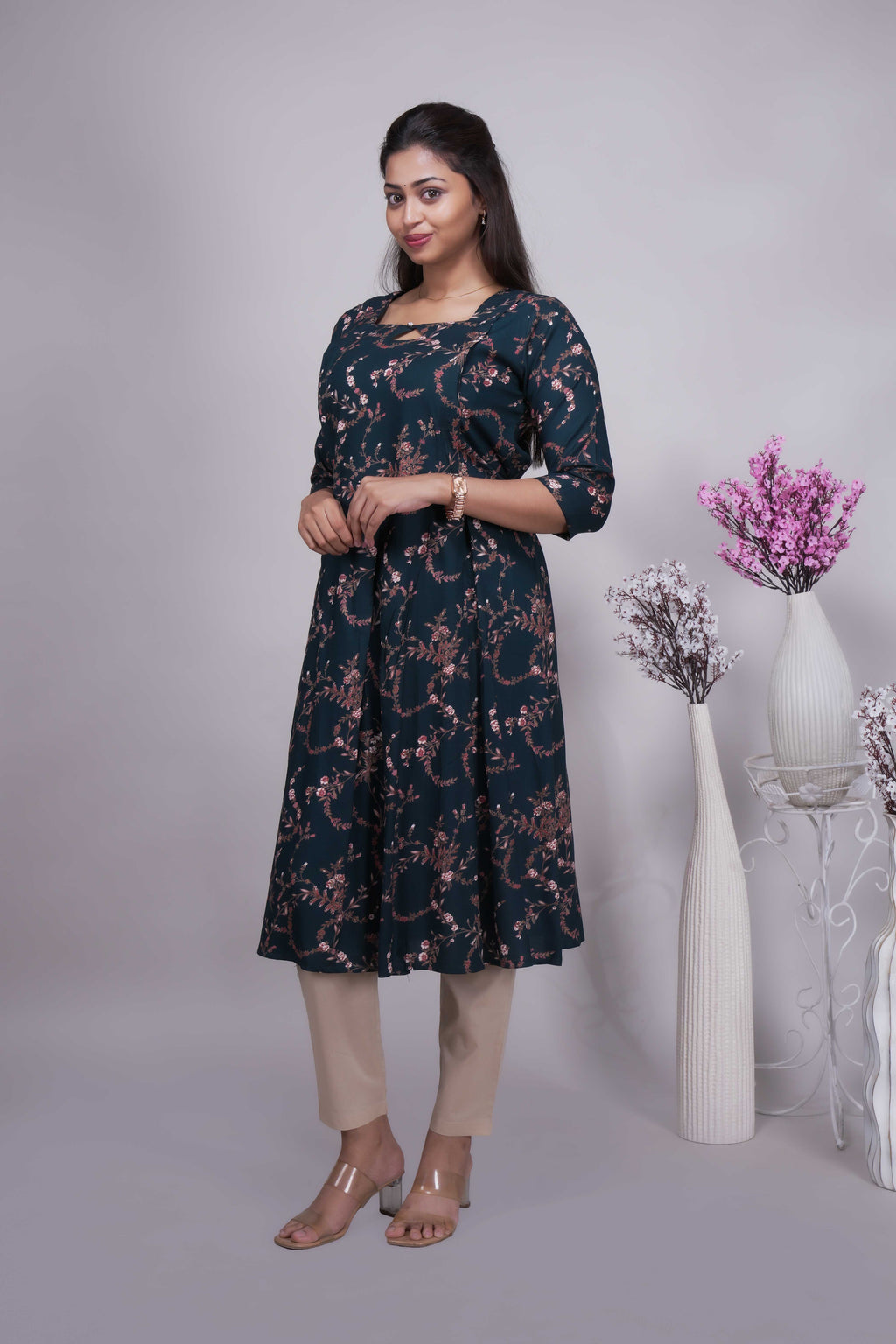 Elegant Deep Teal & Rose Gold Floral A-Line Kurti