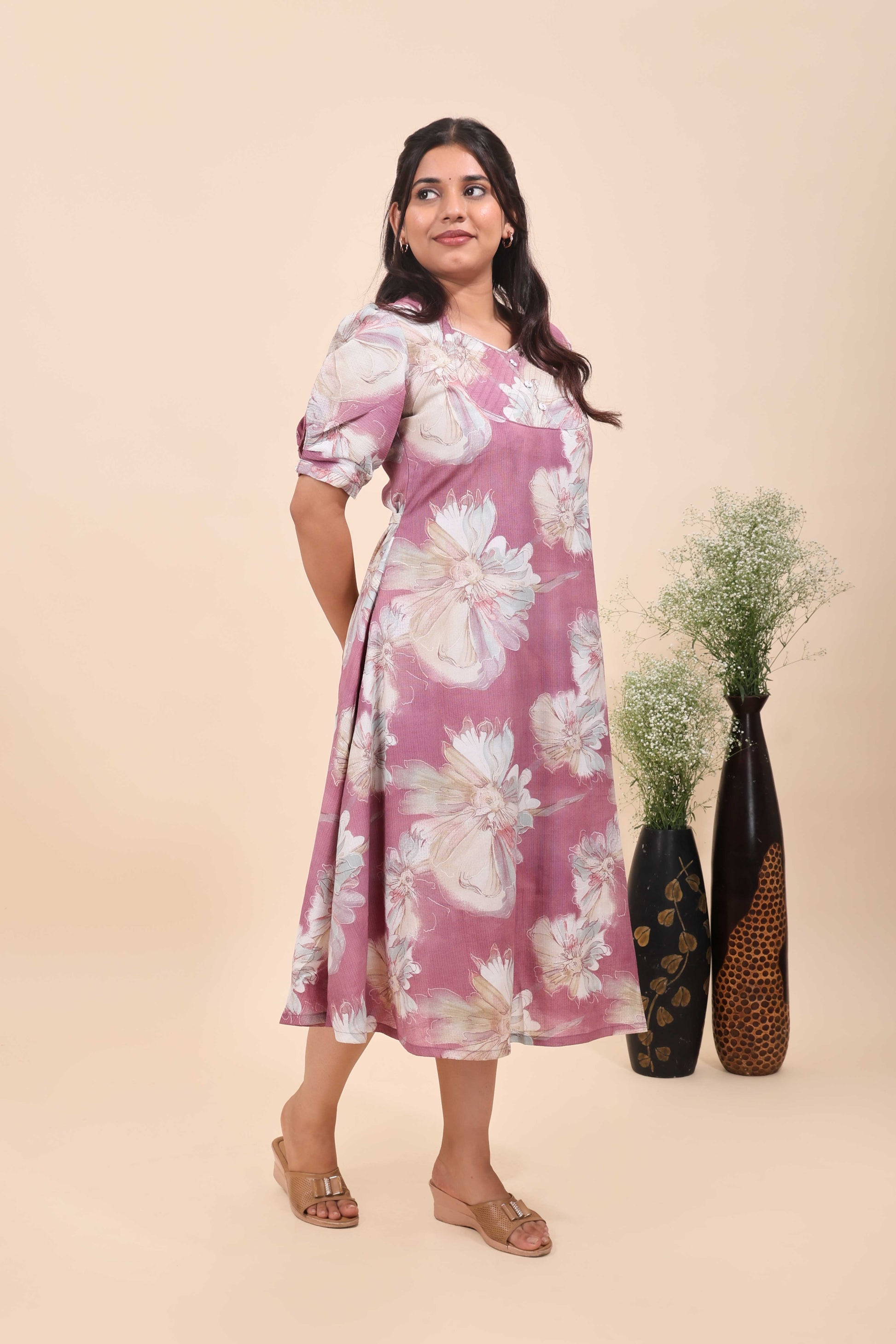 Women's Mauve Floral Print A-Line Midi Dress with Puff Sleeves