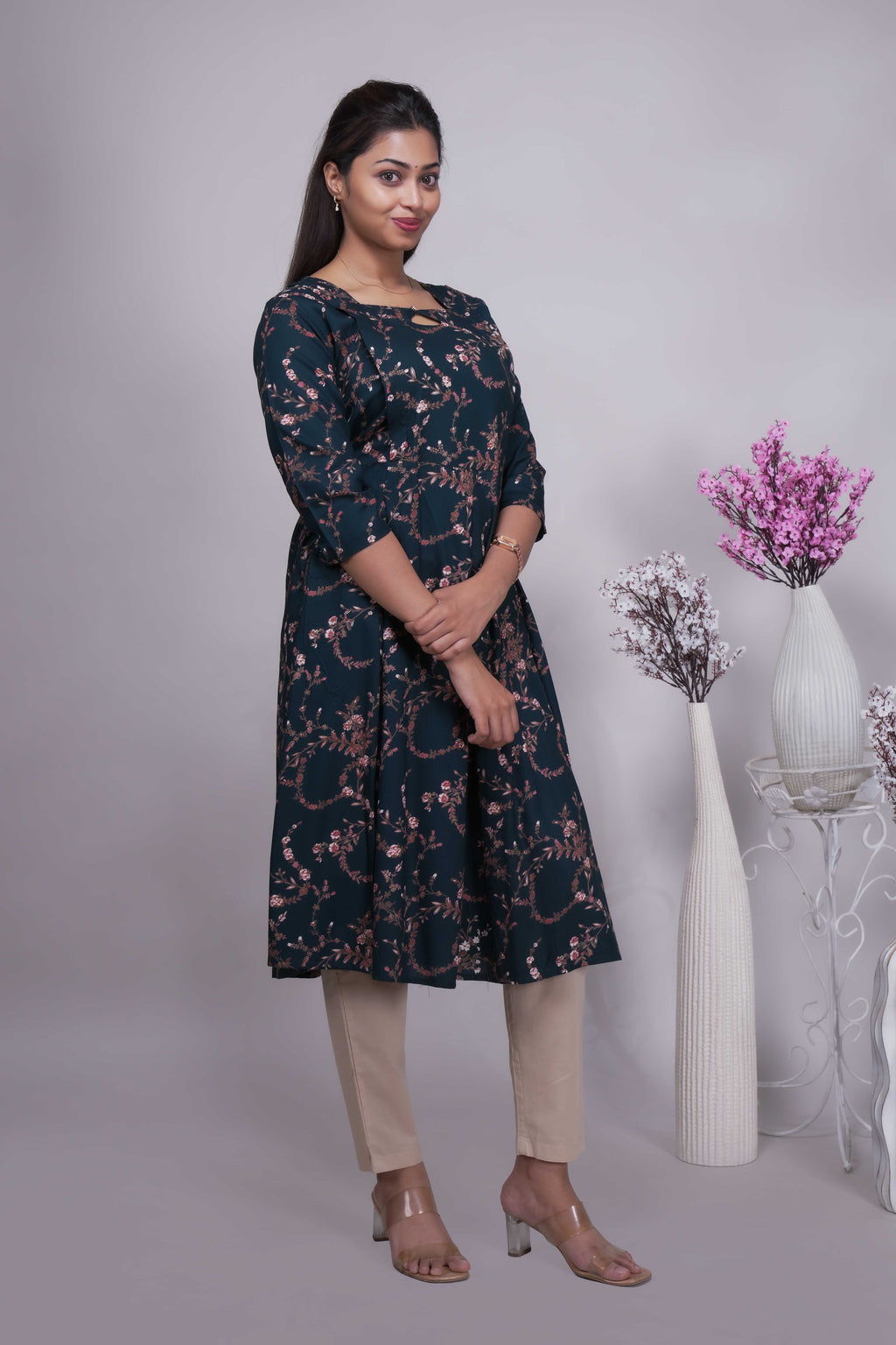 Elegant Deep Teal & Rose Gold Floral A-Line Kurti