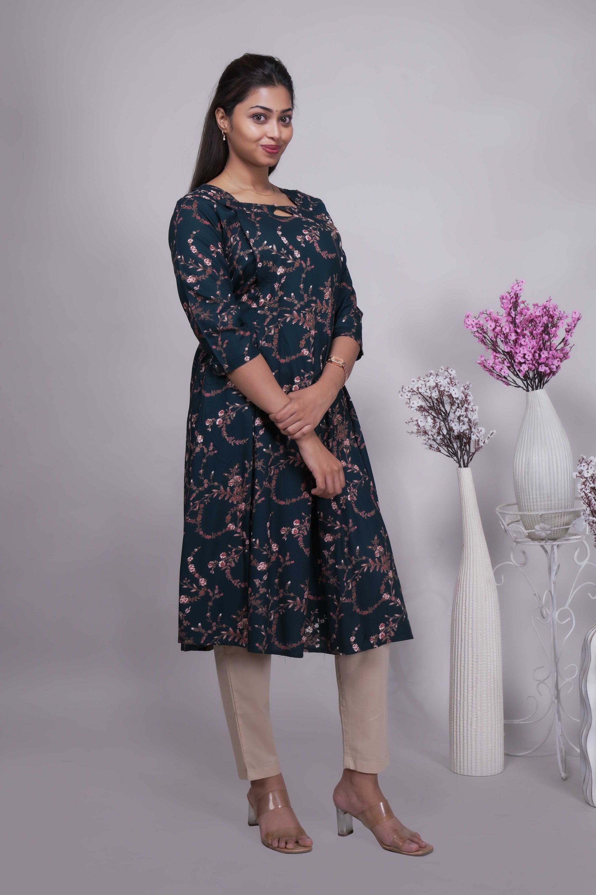 Elegant Deep Teal & Rose Gold Floral A-Line Kurti