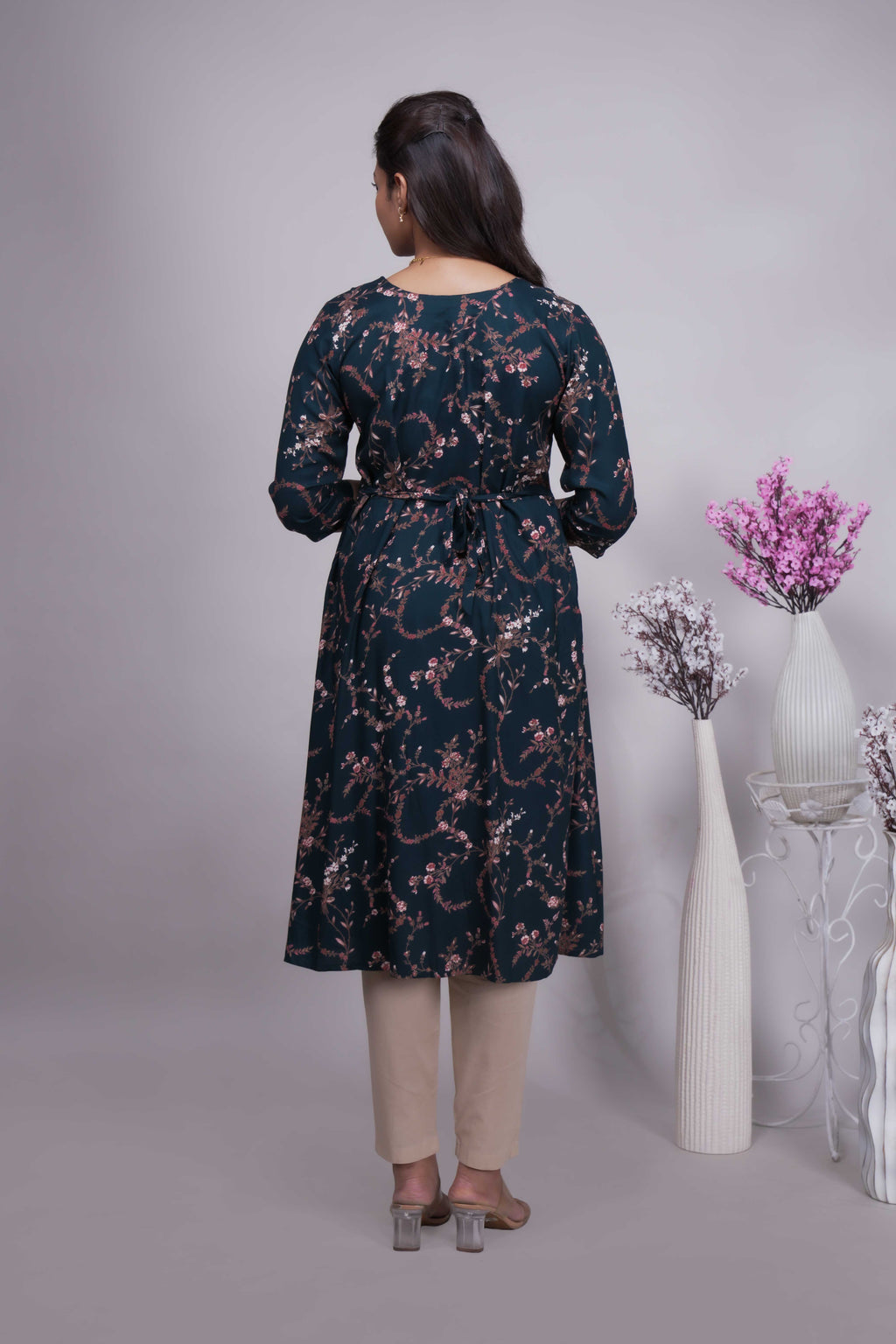 Elegant Deep Teal & Rose Gold Floral A-Line Kurti
