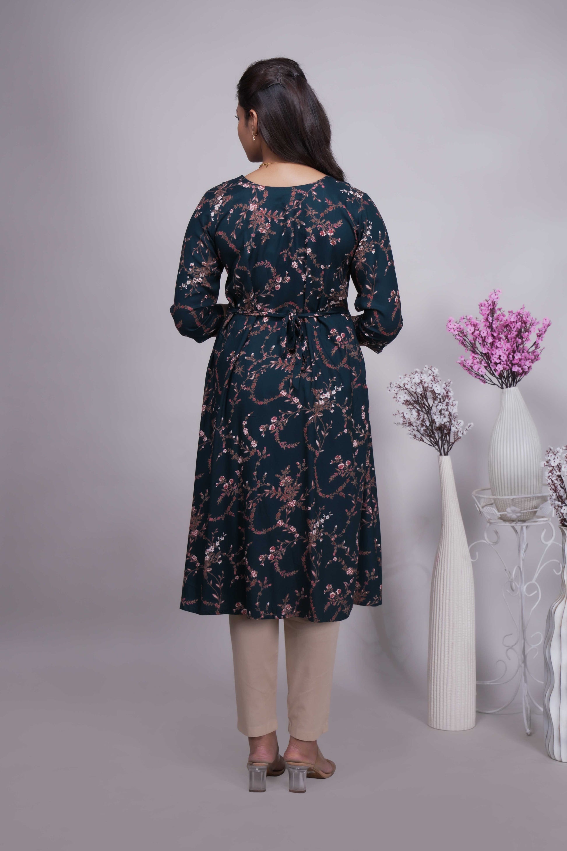 Elegant Deep Teal & Rose Gold Floral A-Line Kurti