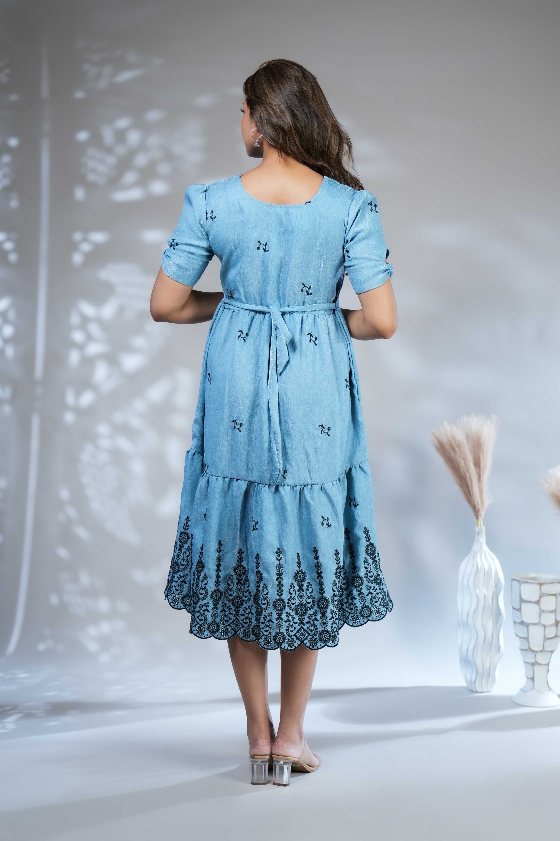 Chic Light Blue Embroidered Tiered A-Line Midi Dress