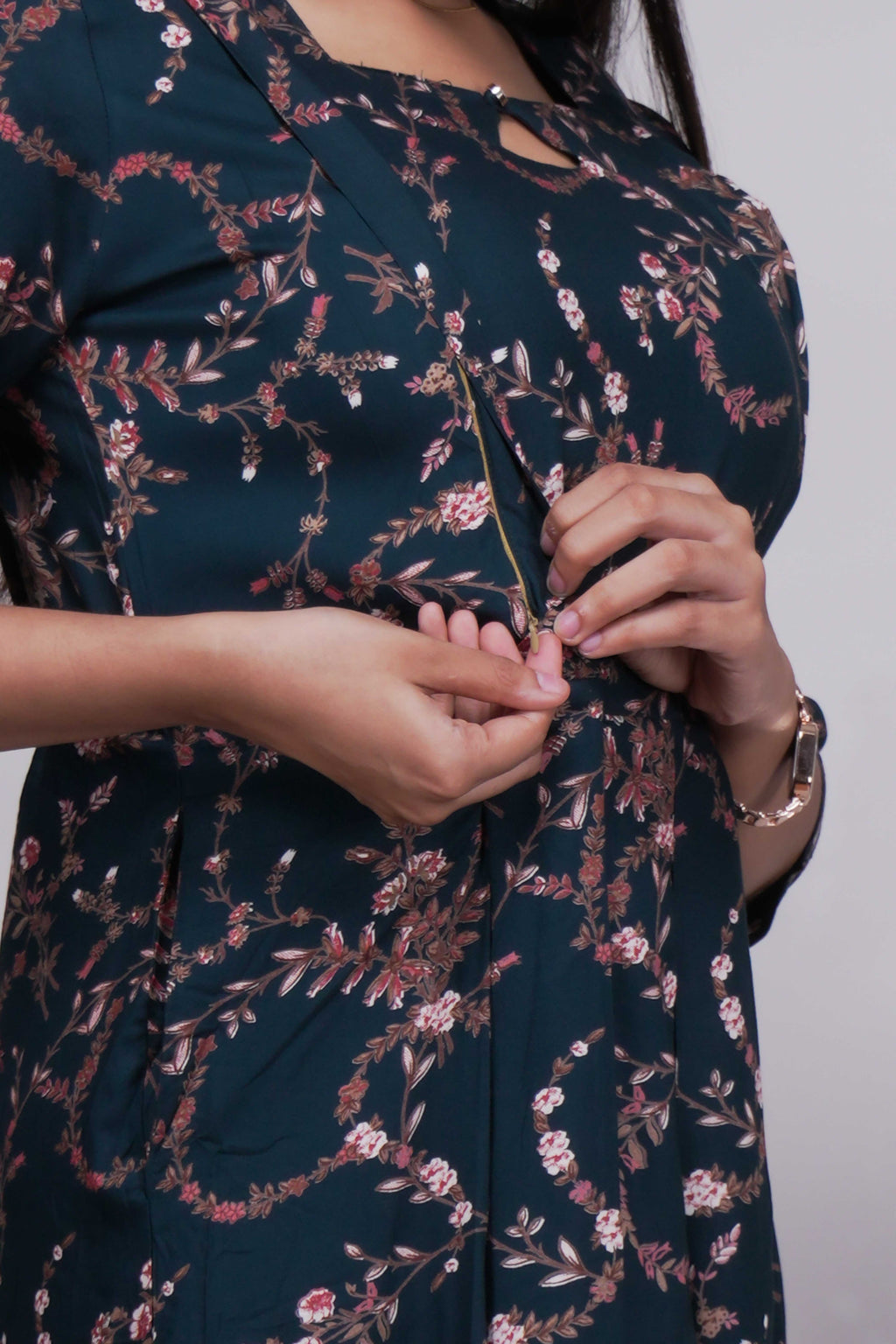 Elegant Deep Teal & Rose Gold Floral A-Line Kurti
