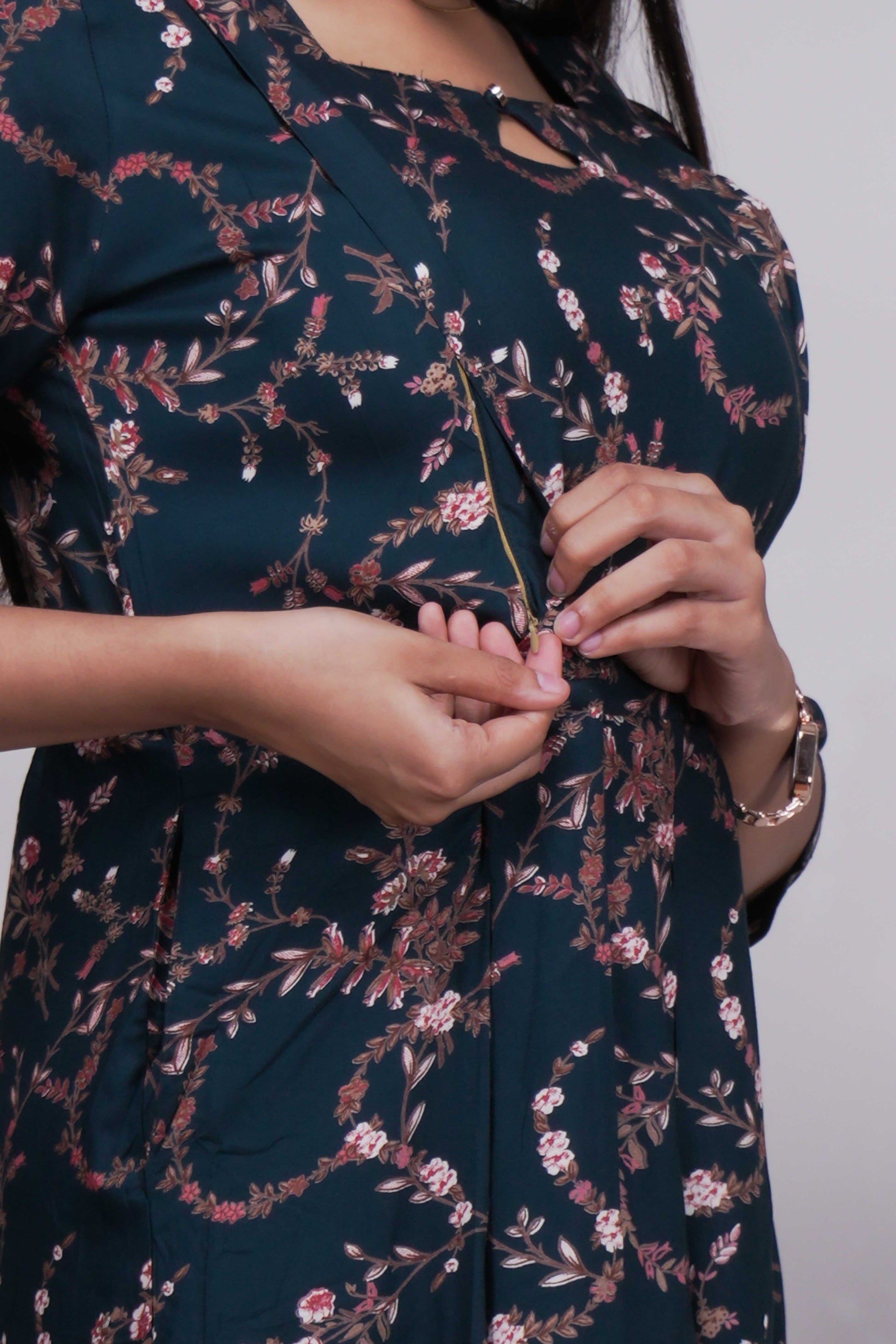Elegant Deep Teal & Rose Gold Floral A-Line Kurti