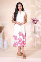 Off-White & Pink Floral Embroidered Dress