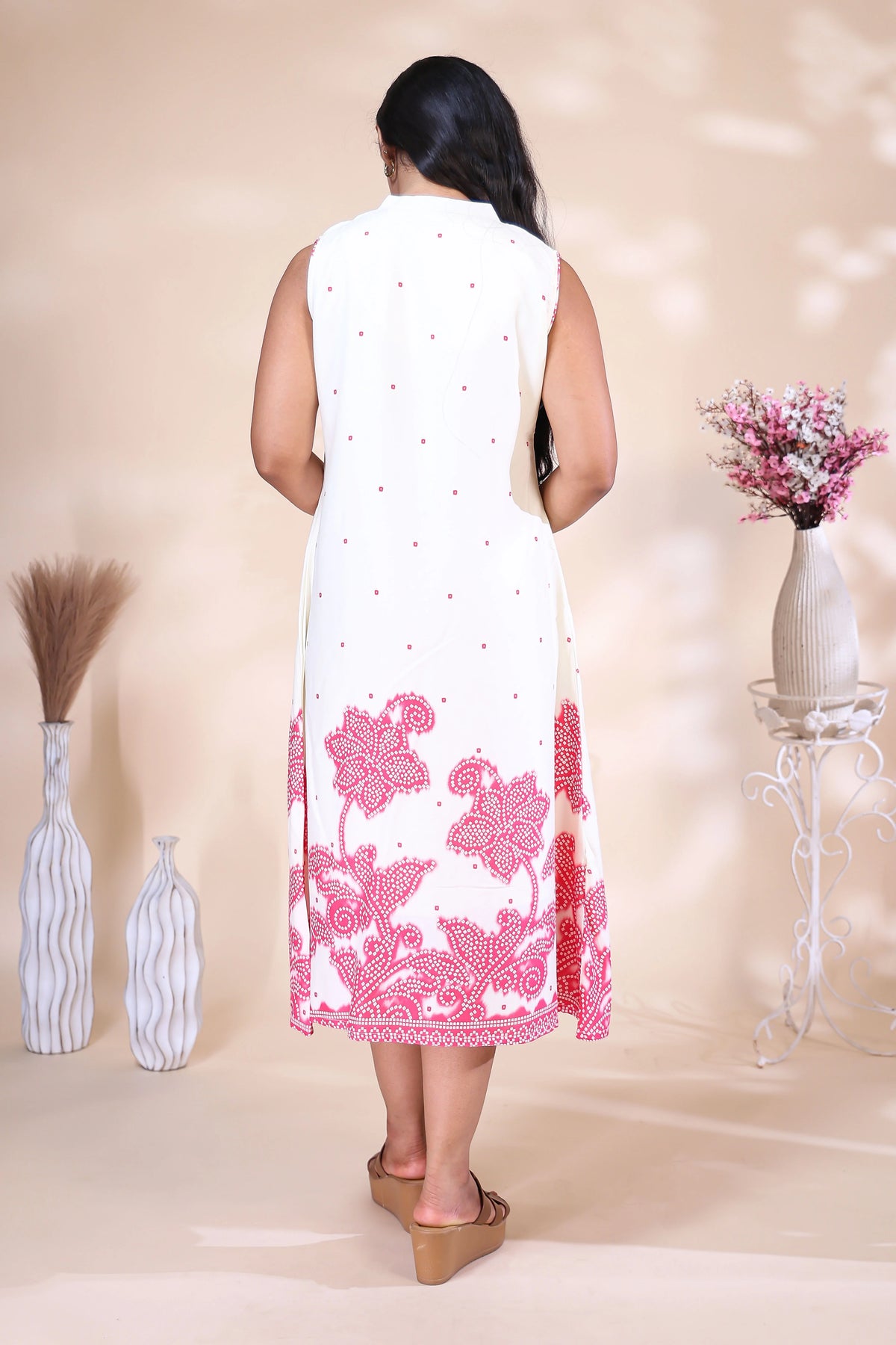 Off-White & Pink Floral Embroidered Dress